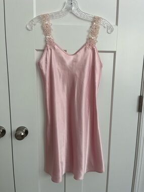 Vintage Pink Satin Slip Dress Lace Strap Fairycore Coquette Y2K Lingerie S EUC